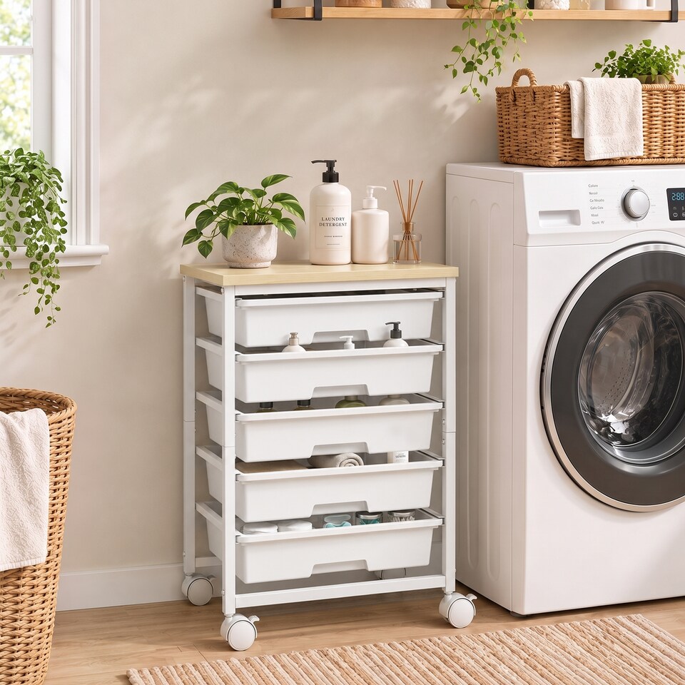image 1 of HOMCOM 6-Tier Storage Trolley on Wheels with 5 Pull-Out Drawers