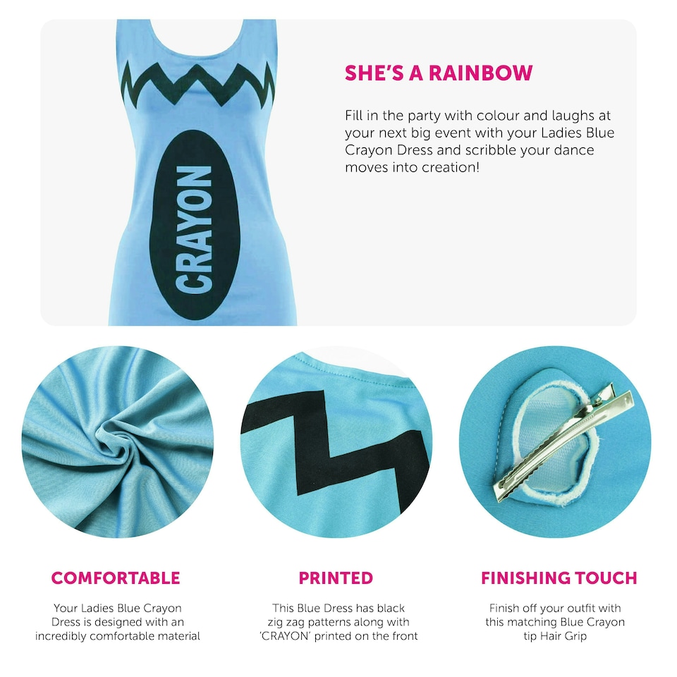 image 1 of Ladies Blue Crayon Dress – Fun Fancy Dress Costume N/A | M