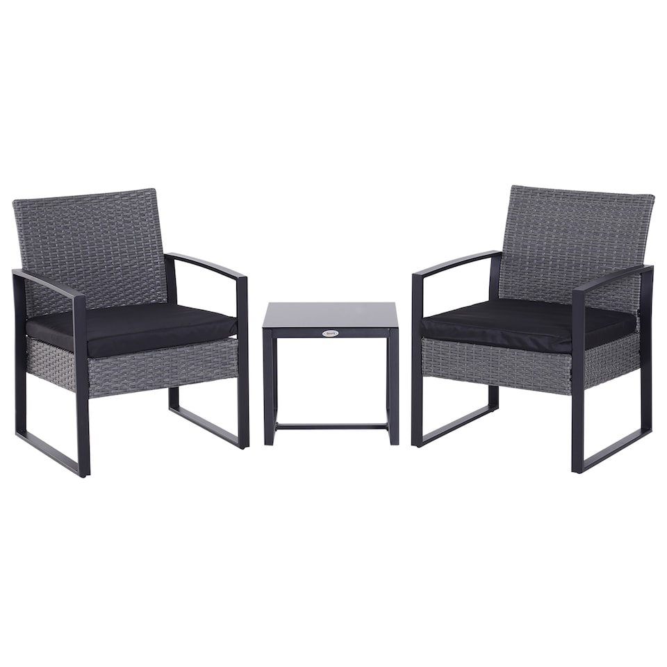 image 1 of Outsunny 3 Pieces Rattan Bistro Set, Wicker Garden Furniture Set with Glass Top Coffee Table and Chairs, Washable Cushions, for Outdoor, Patio, Balcony, Grey