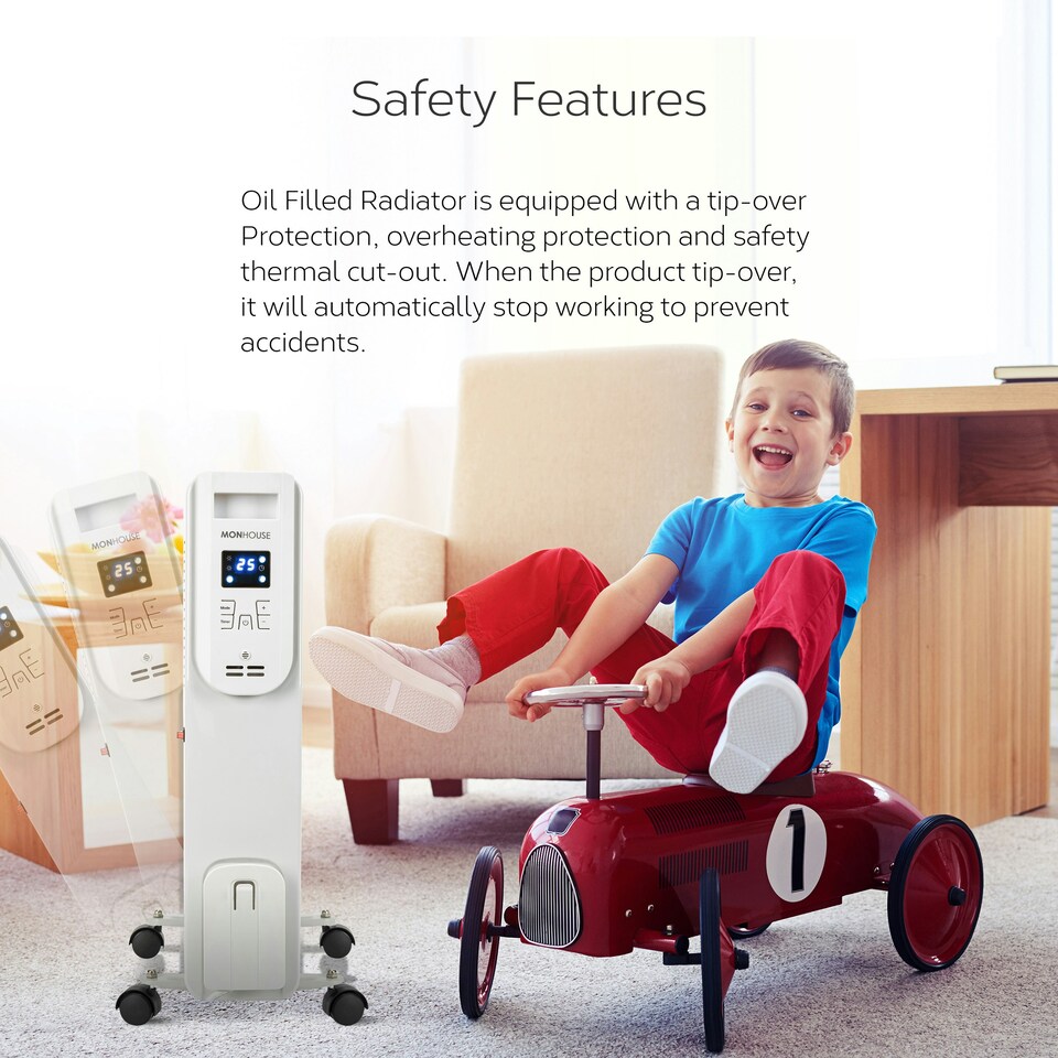 image 1 of MONHOUSE 11 Fins Oil Filled Radiator - Portable Electric Heater with Adjustable Thermostat - 3 Heat Settings, Overheat Safety Cut Off, Remote Control - White