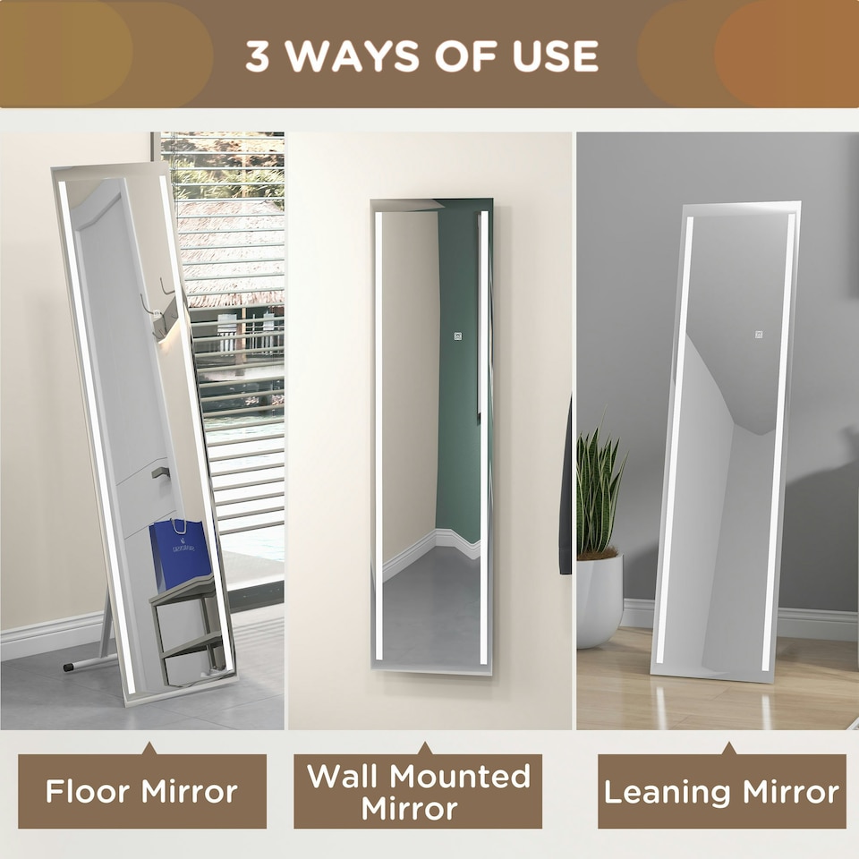 image 1 of HOMCOM Full Size Body LED Mirror, Dimmable Lighted Mirror for Bedroom
