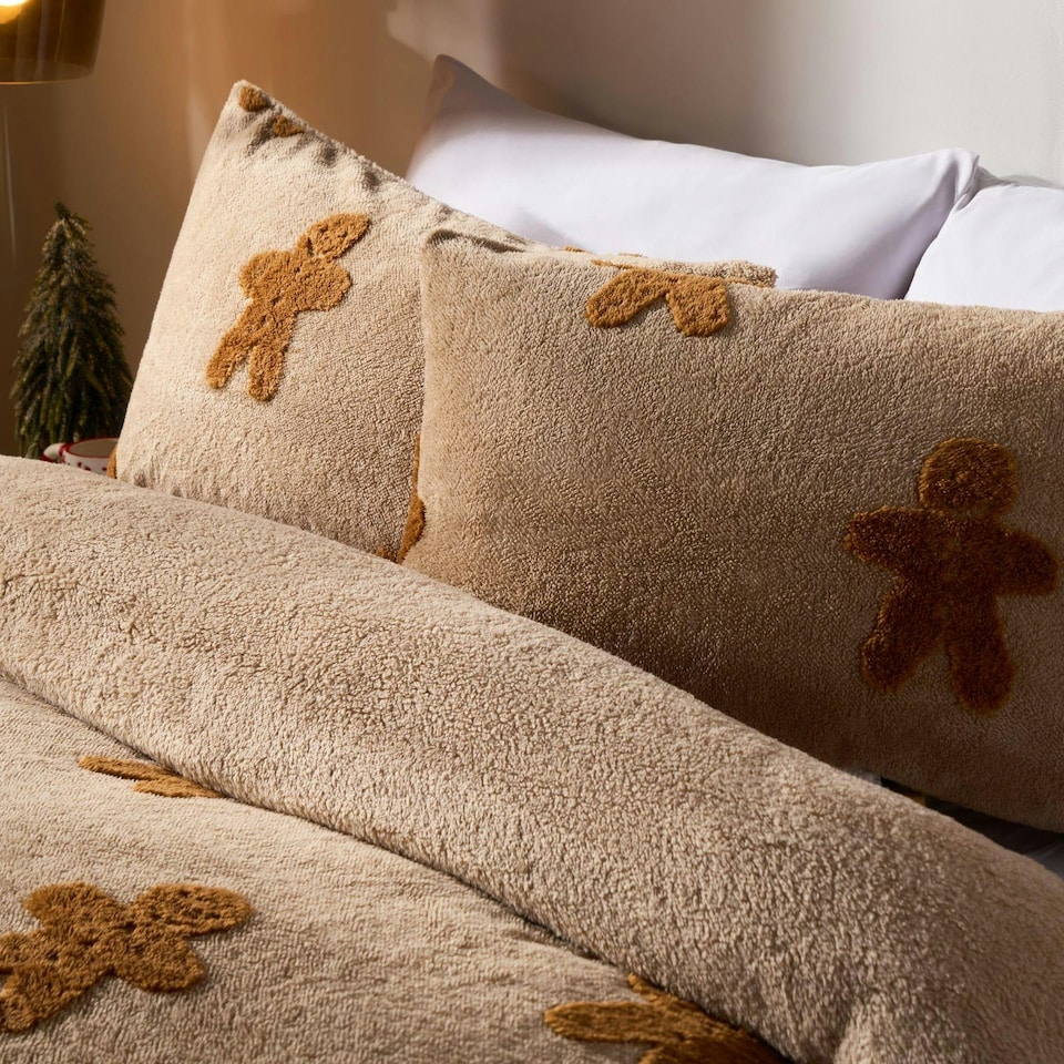 image 1 of OHS Tufted Gingerbread Man Teddy Sherpa Fleece Duvet Cover Set - Natural Brown | Natural | King