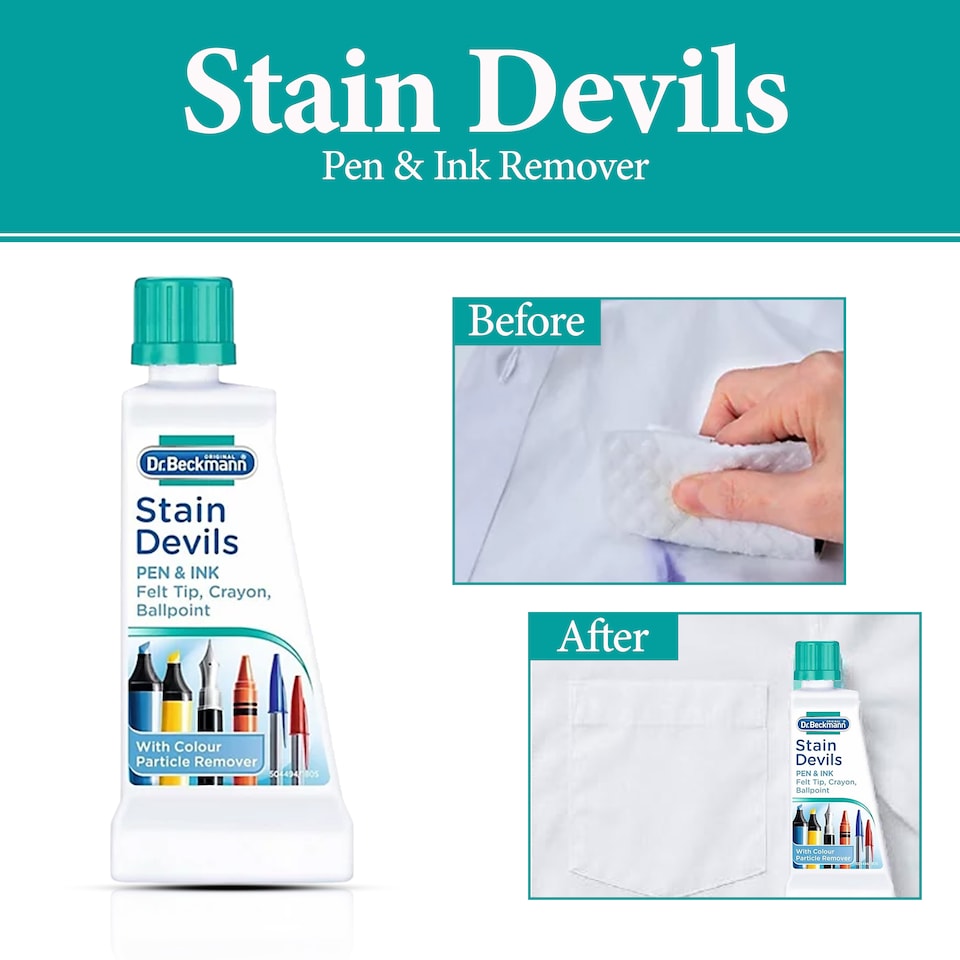 image 1 of Dr Beckmann Stain Devils Pen and Ink Remover Fabric Stain Cleaner for Ballpoint Fountain and Felt Tip Ink 50ml Pack of 2