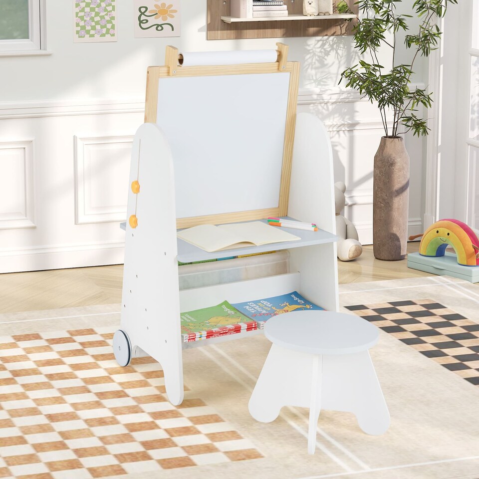 image 1 of COSTWAY Kids Art Easel 4-in-1 Toddler Activity Table Set w/ Whiteboard White
