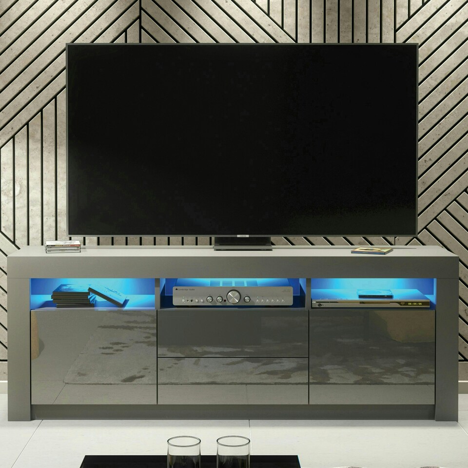 image 1 of TV Unit 160cm Grey Gloss Doors & Drawers Grey Matt Body Free LED Grey