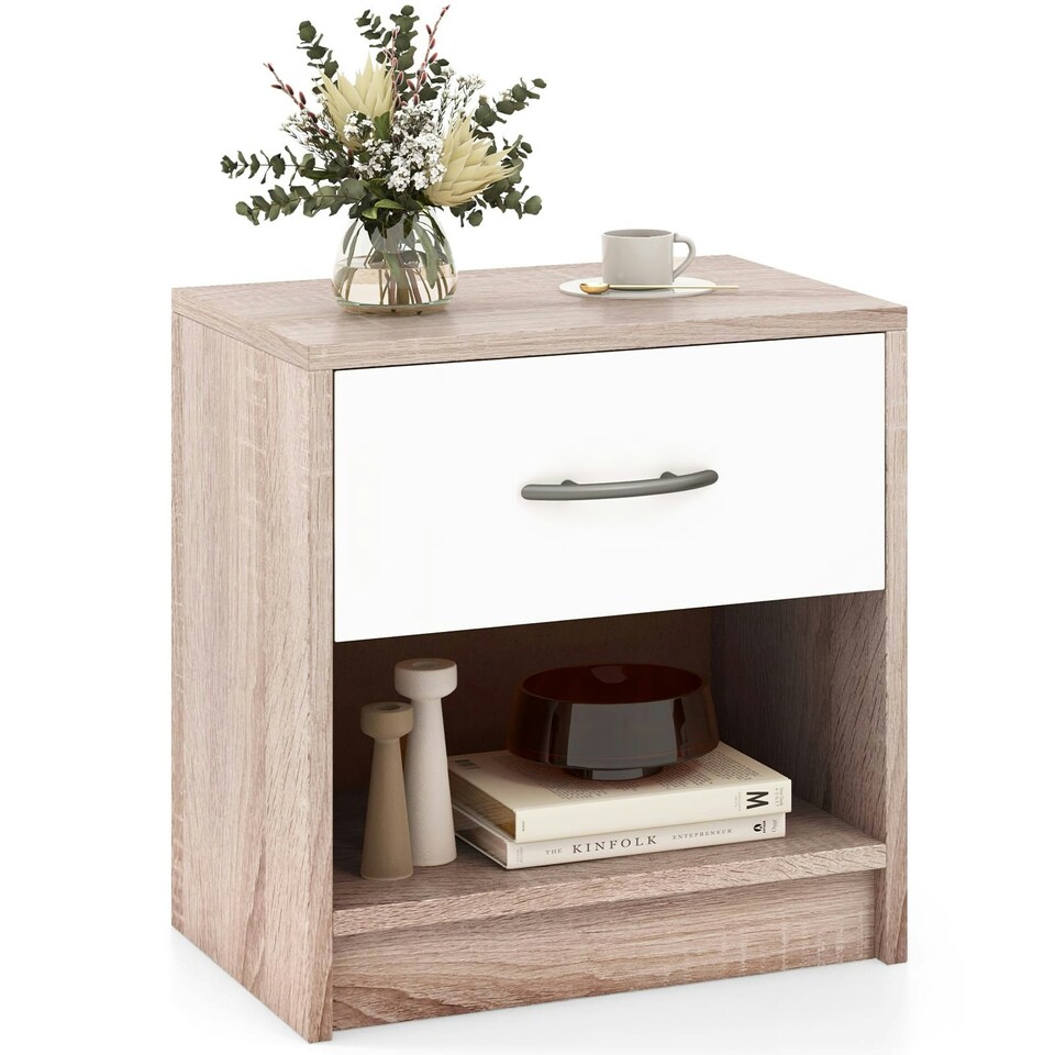 image 1 of COSTWAY Bedroom Nightstand 3-Tier Bedside Table w/Drawer Coffee Brown