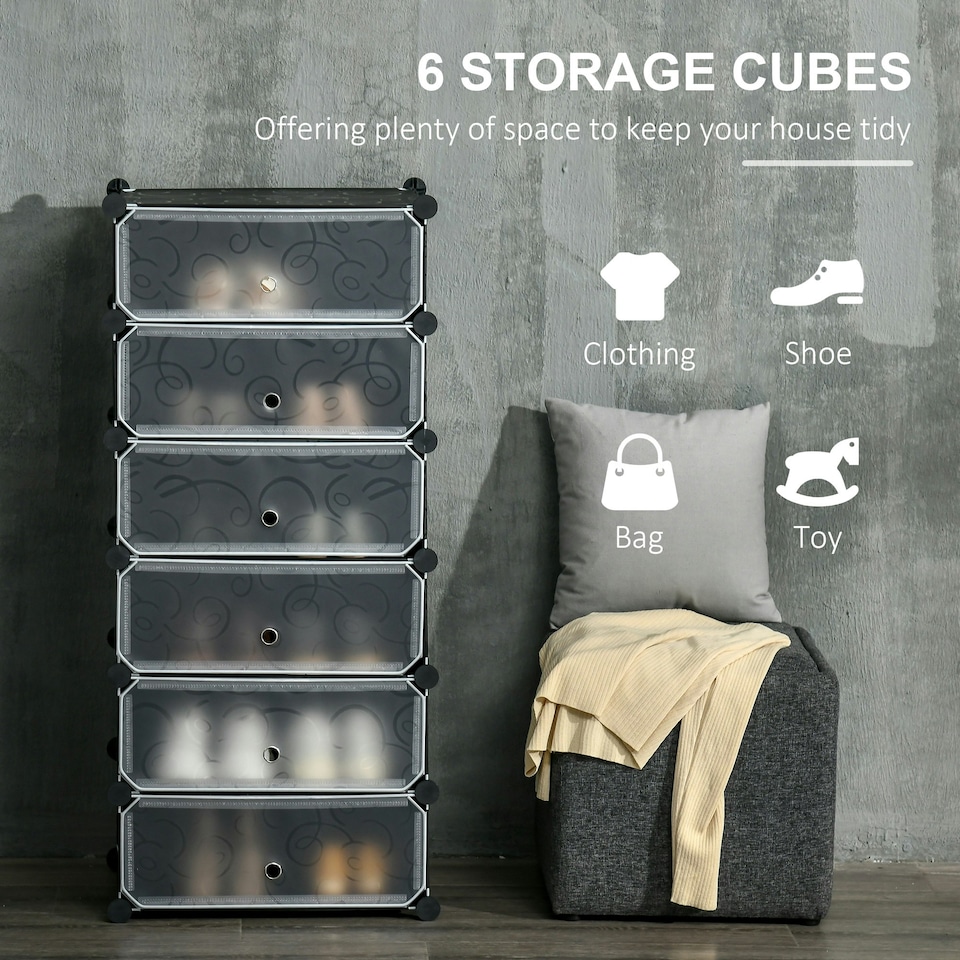 image 1 of HOMCOM 6 Tier Shoe Rack Plastic Storage Cabinet Modular Shoe Tower Black Black