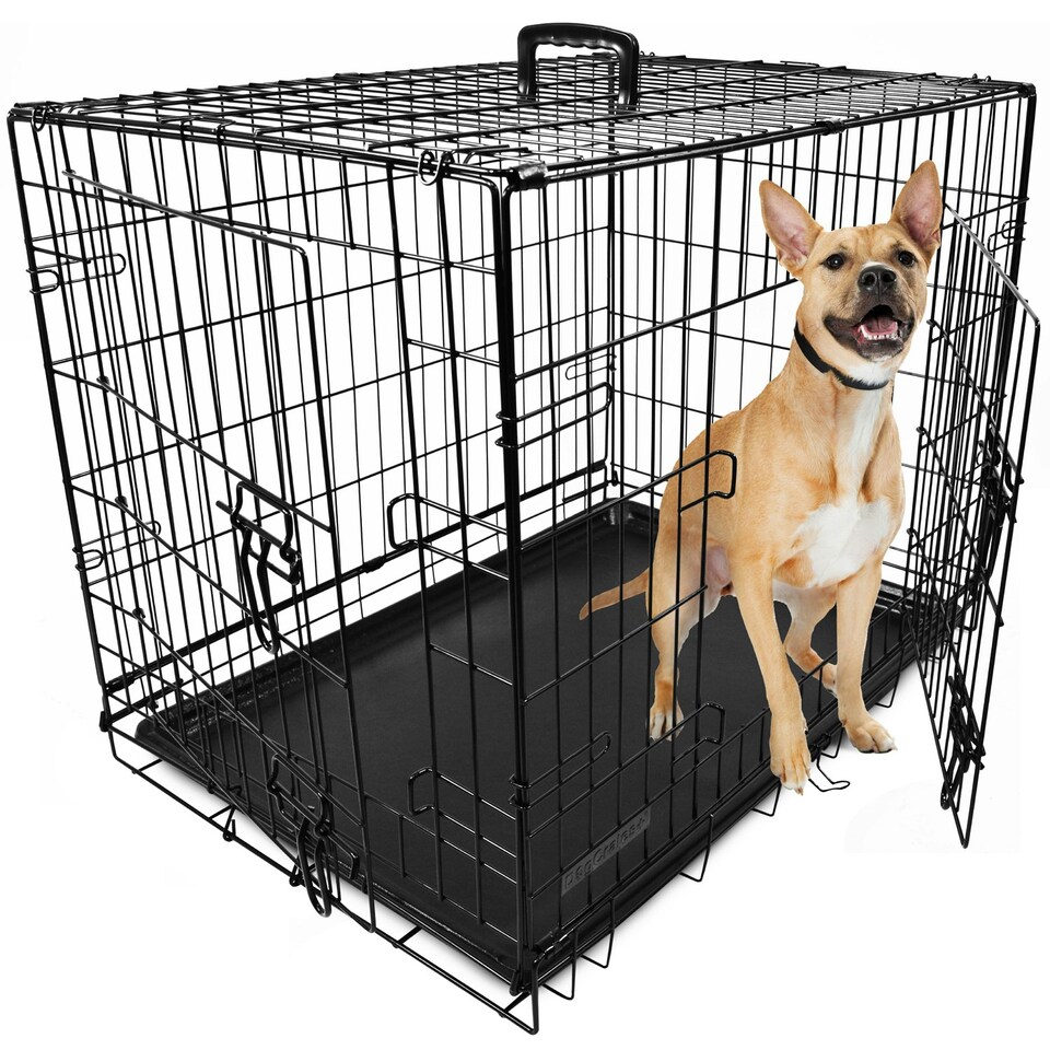 image 1 of DogCrates+ 30-Inch Medium Dog Crate with Dual Doors, Removable Tray & Foldable Metal Frame – Black Black | M