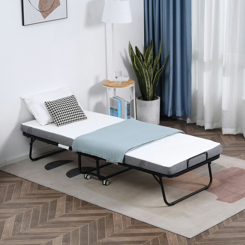 image 1 of HOMCOM Folding Bed with 10cm Mattress, Portable Foldable Guest Bed with Wheels