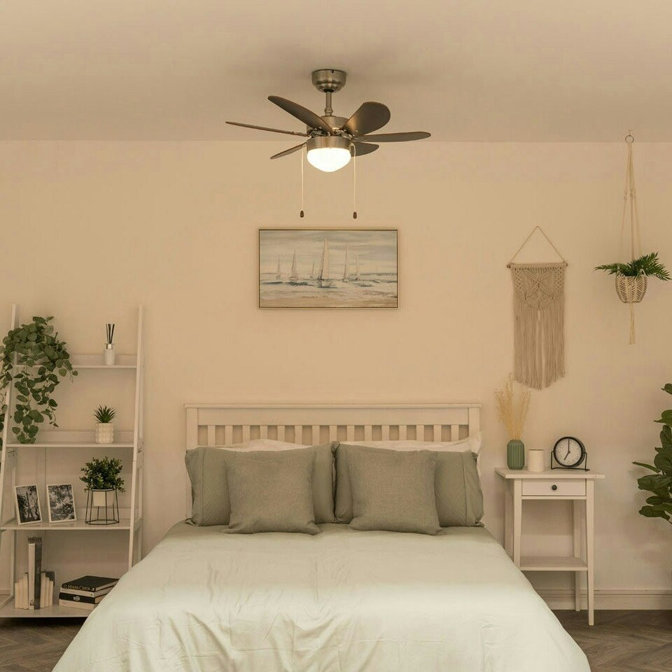 image 1 of ValueLights Silver Chrome And Wood 30" Modern 6 Blade Ceiling Fan With Flush Light