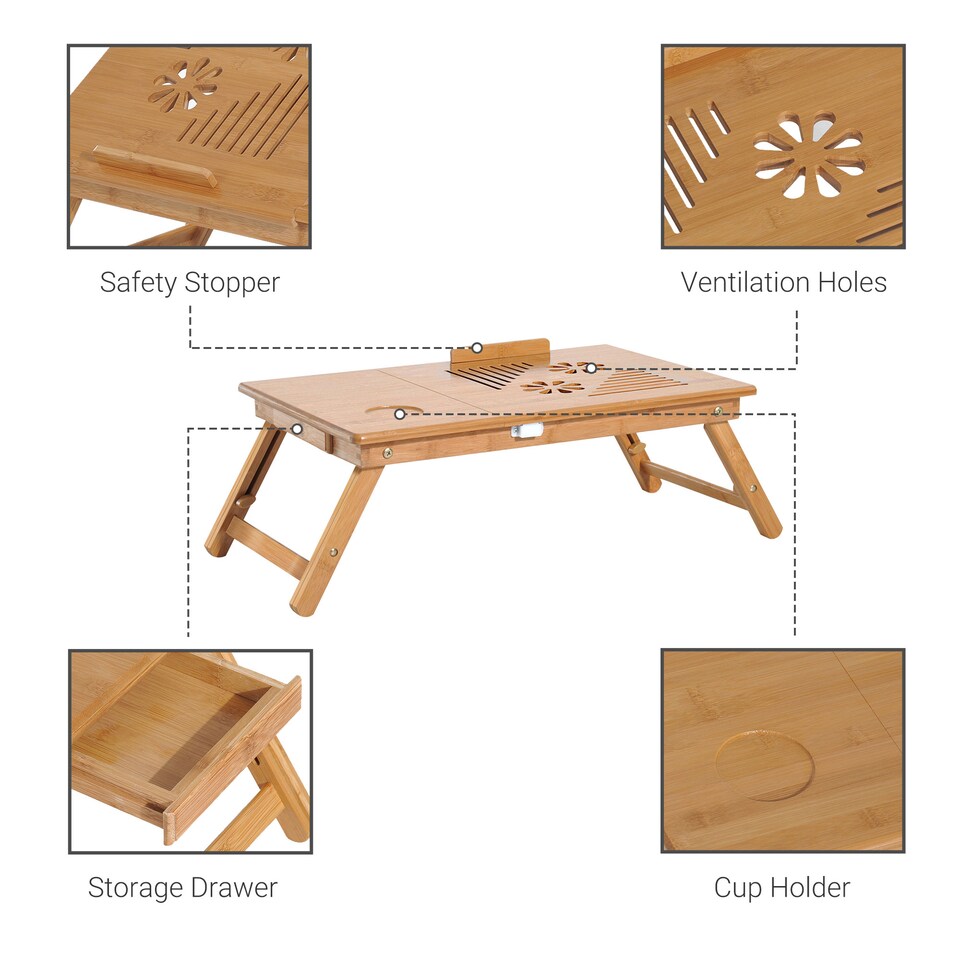 image 1 of HOMCOM Portable Laptop Desk Notebook Tray PC Bed Table Drawer Adjustable Bamboo
