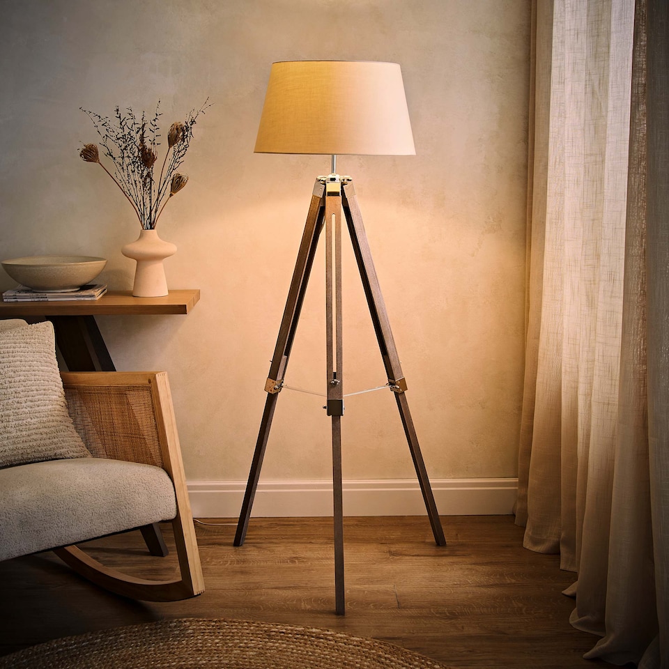 image 1 of ValueLights Clipper Brown Floor Lamp With Beige Shade