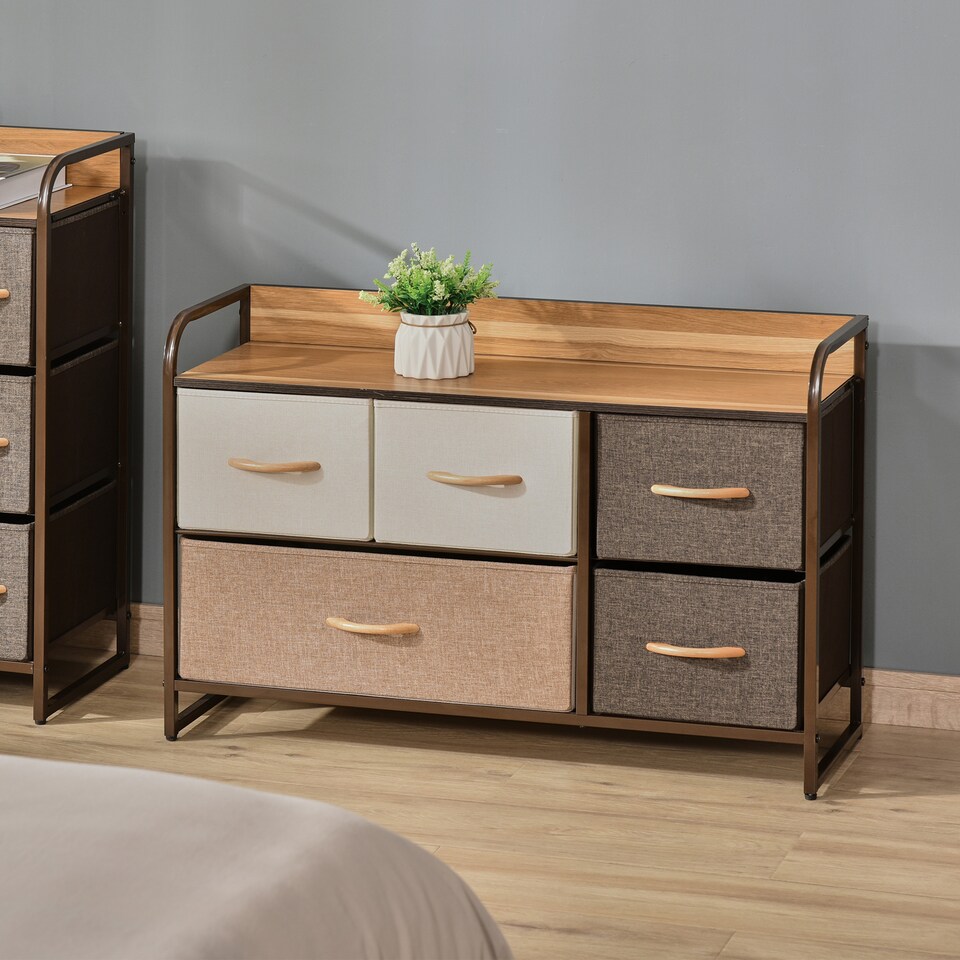 image 1 of HOMCOM 5-Drawer Dresser, Linen Fabric Chest of Drawers, Dresser Tower Unit for Bedroom Hallway Entryway, Storage Organizer with Steel Frame Wooden Top