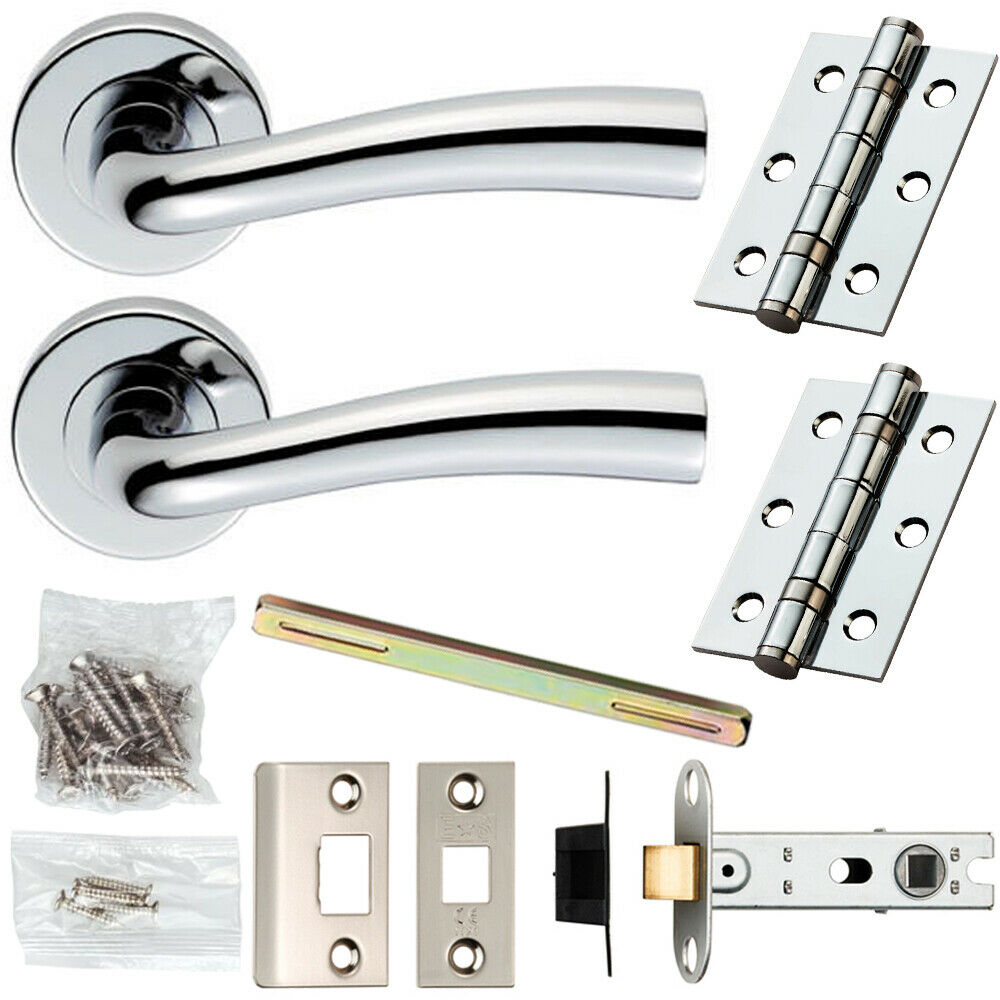 Loops Door Handle & Latch Pack Chrome Modern Curved Flared Bar Screwless Round Rose