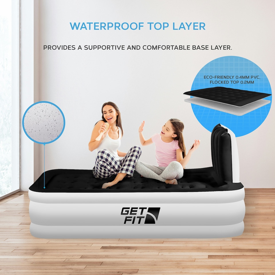 image 1 of Get Fit Air Bed With Built In Electric Pump - Premium Single Airbed - Quick Blow Up Bed With Headboard & Inflatable Pillow - Elevated Air Mattress- White/Black