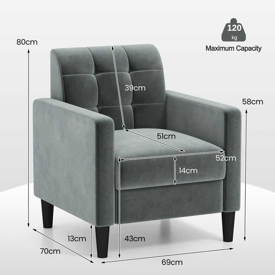 image 1 of COSTWAY Modern Velvet Accent Sofa Chair Upholstered Armchair | Grey | Chair