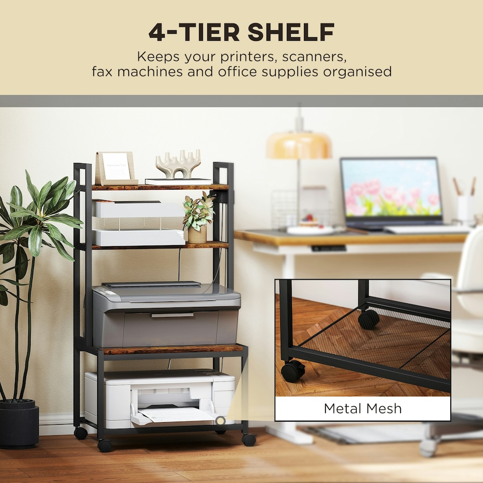 image 1 of HOMCOM 4-Tier Mobile Printer Stand with Power Outlets for Home Office Brown