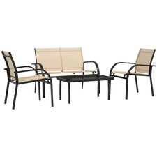 Outsunny 4 Pcs Curved Steel Outdoor Furniture Set w Loveseat, 2 Texteline Seats, Glass Top Table Garden Balcony Patio Furniture For Family Party Events Guests Beige