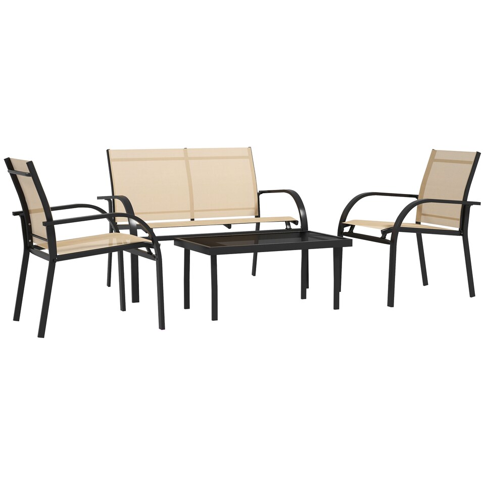 image 1 of Outsunny 4 Pcs Curved Steel Outdoor Furniture Set w Loveseat, 2 Texteline Seats, Glass Top Table Garden Balcony Patio Furniture For Family Party Events Guests Beige