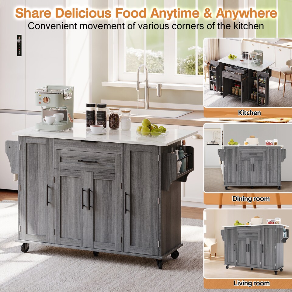 image 1 of VILUXE Mobile Kitchen Island with Foldable Worktop, Hidden Cutlery Drawer, Large Drawer, Adjustable Shelves, Door Racks, Towel Rack, Spice Rack and 5 Wheels, Grey