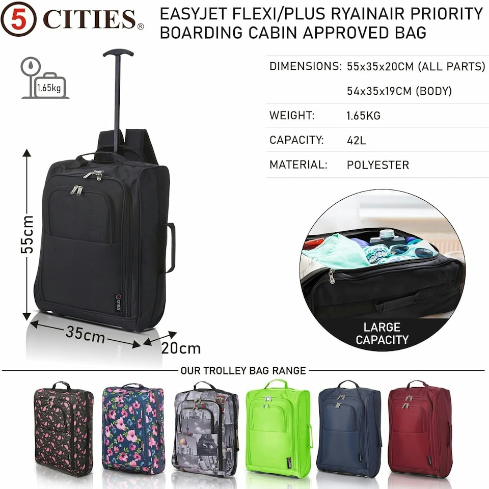 image 1 of 5 Cities 21"/55cm Backpack Trolley Bag Carry On Lightweight Travel Cabin Approved with Shoulder Straps Wheels Suit Case Hand Luggage with 2 Year Warranty Black | Black | Cabin Bag