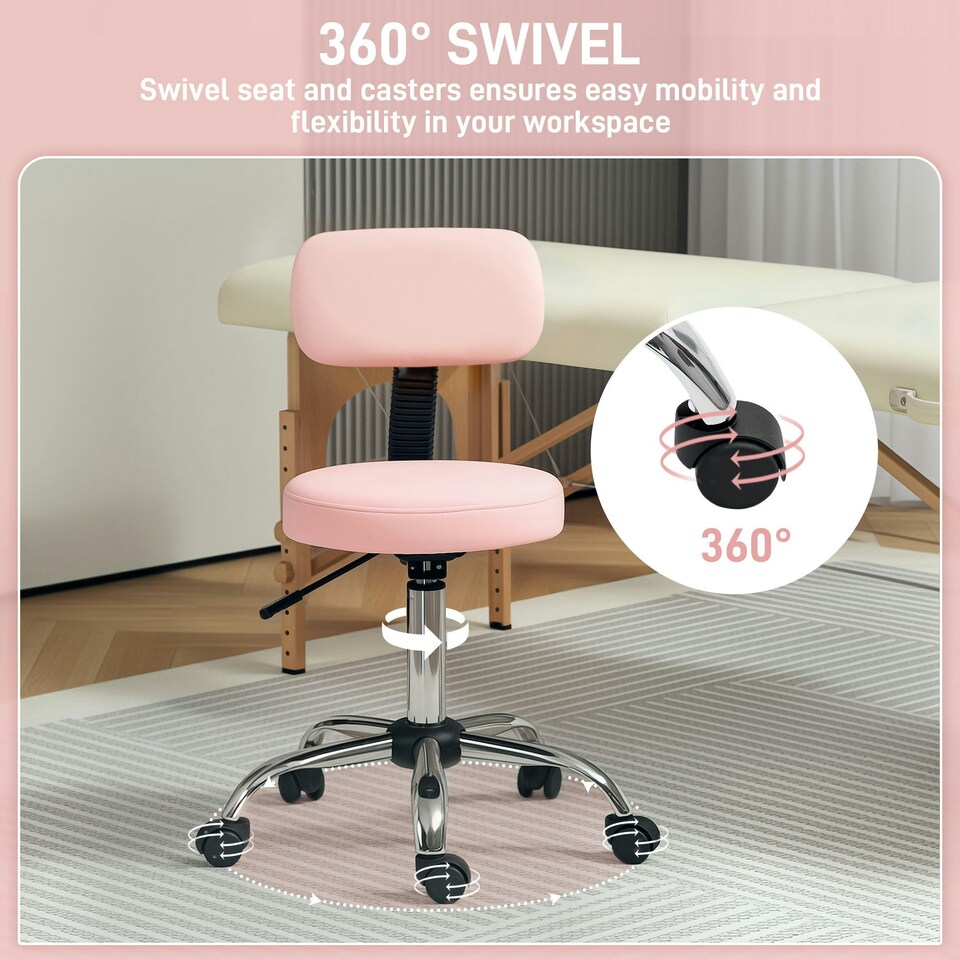 image 1 of HOMCOM Rolling Stool with Backrest, Wheels Pink