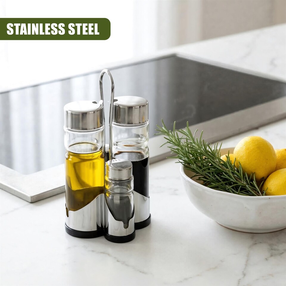 image 1 of GEEZY 4 Piece Glass Cruet Set and Condiment Dispenser With Stand 20.5cm