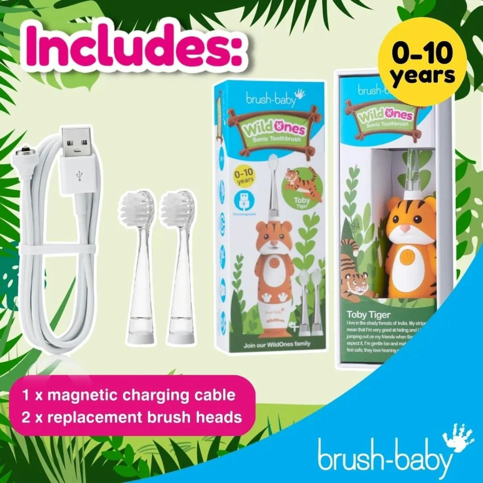 image 1 of Brush Baby WildOnes™ Tiger Kids Electric Rechargeable Toothbrush & Applemint Toothpaste