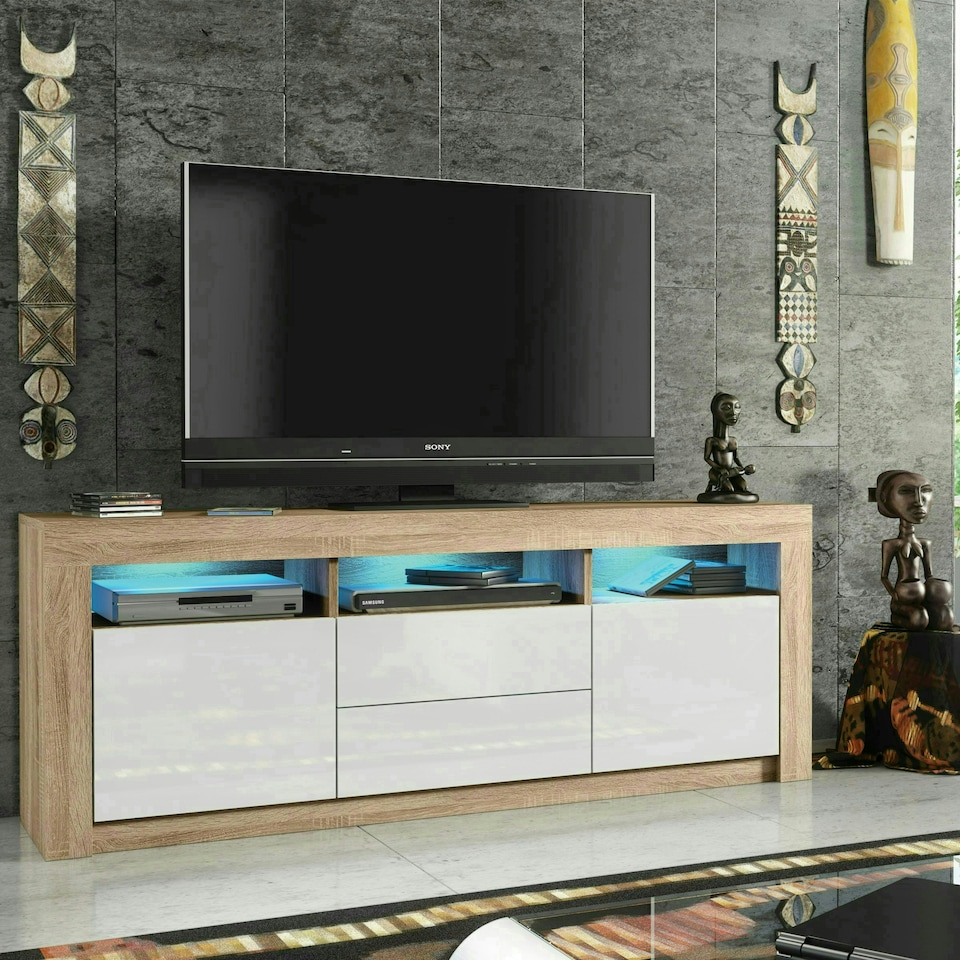 image 1 of TV Unit 160cm White Gloss Doors & Drawers Oak Matt Body With LED | Multi | Oak | One Size | 1