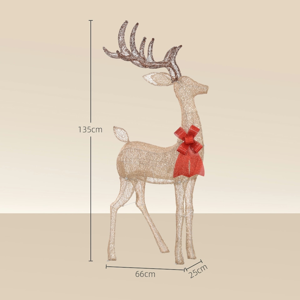 image 1 of Outsunny Lighted Reindeer Christmas Decoration w/ Stakes Zip Ties Gold Tone