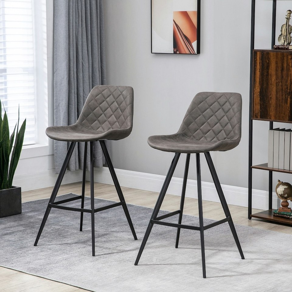image 1 of HOMCOM Set Of 2 Bar Stools Vintage Microfiber Cloth Tub Seats Padded Steel Grey