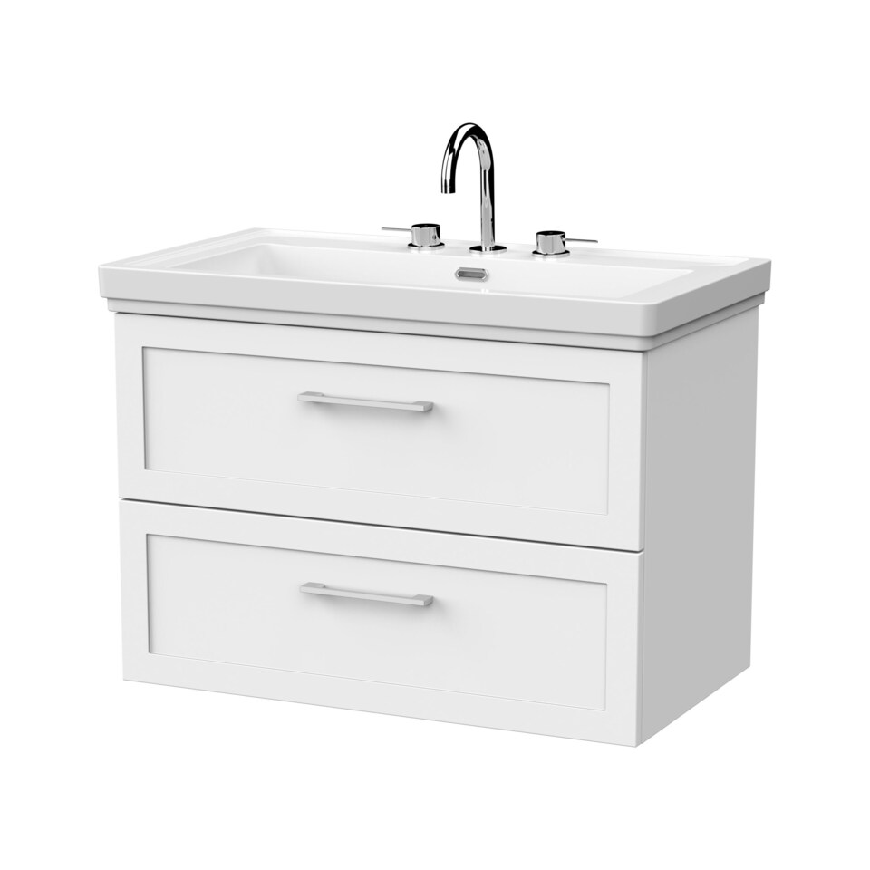 image 1 of Balterley Stonnall Traditional Wall Hung 2 Drawers Vanity Unit with Traditional 3 Tap Hole Fireclay Basin, 800mm, Matt White