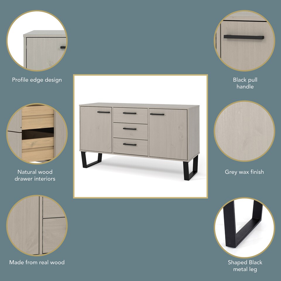 image 1 of Texas 2 Door 3 Drawer Medium Sideboard in Antique Waxed Pine - Industrial Style with Metal Legs | Grey | Grey | One Size | 1