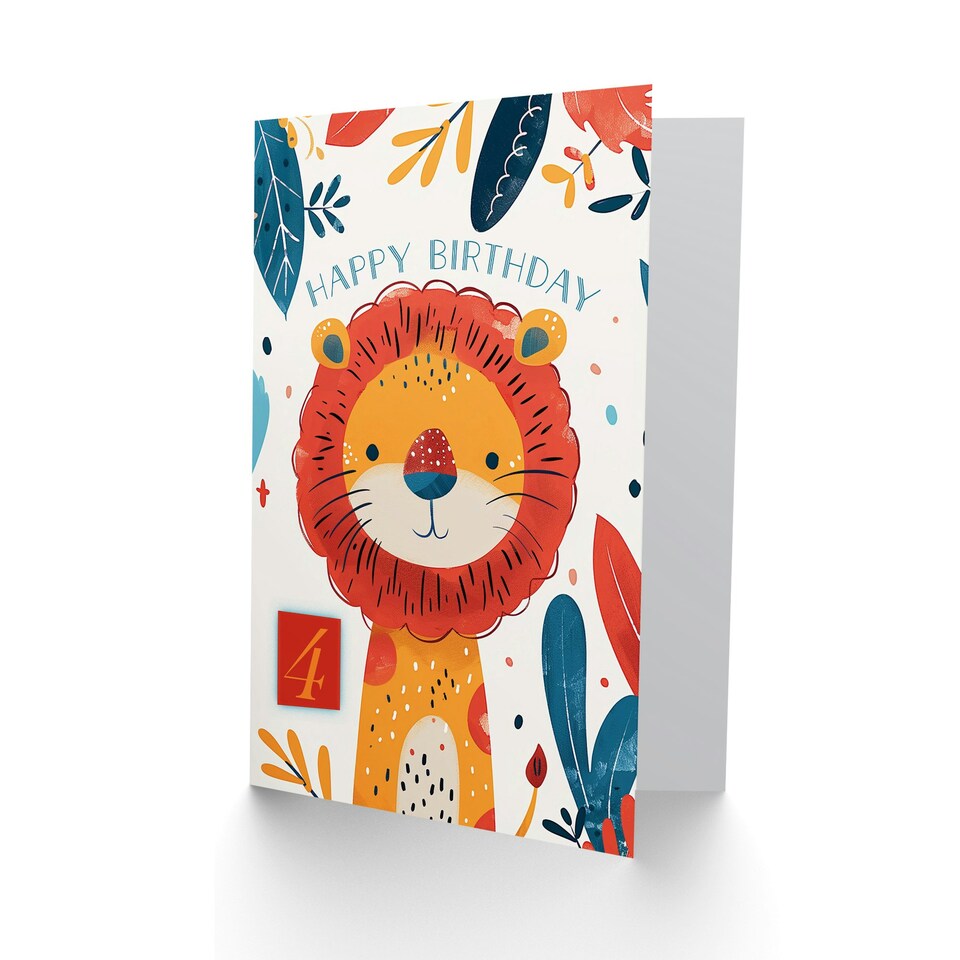image 1 of Cute Jungle Lion Bright Cartoon Drawing 4th Year Child Kids Birthday Card
