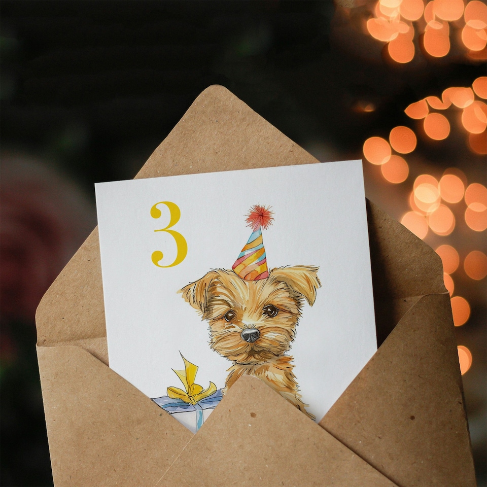 image 1 of 3rd Cute Terrier Dog Puppy Party Hat Kids Age 3 Year Old Child Birthday Card