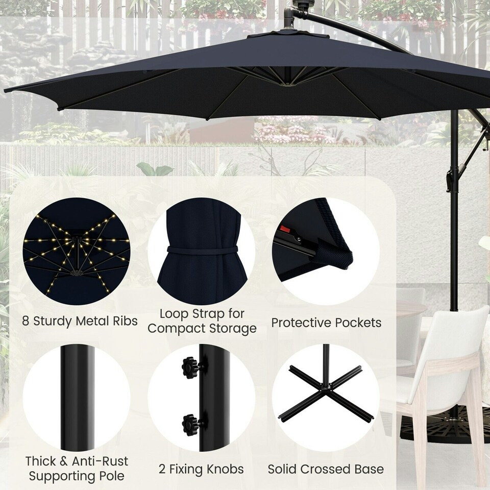image 1 of COSTWAY 303 cm Patio Parasol Solar LED Cantilever Offset Umbrella Blue