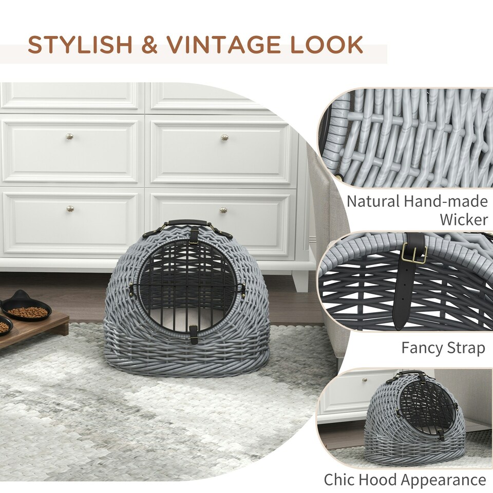 image 1 of Wicker Cat Basket W/ Mat Handle Kitten Pussy Enclosed Bed Portable - Grey