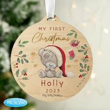 Personalised First Christmas Tiny Tatty Teddy Round Wooden Decoration