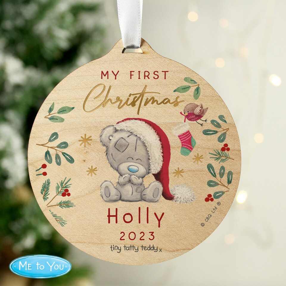 image 1 of Personalised First Christmas Tiny Tatty Teddy Round Wooden Decoration