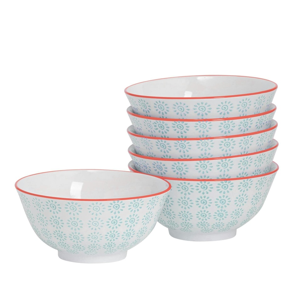 image 1 of Nicola Spring Hand-Printed Cereal Bowls - 16cm - Turquoise - Pack of 6 Multi