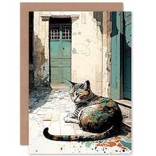 Sunbathing Cobblestone Street Cat Birthday Card