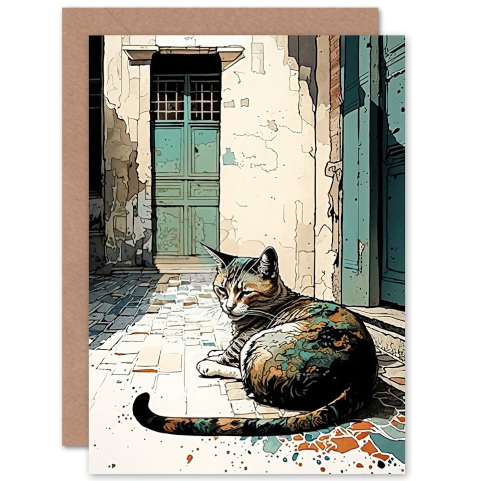 image 1 of Sunbathing Cobblestone Street Cat Birthday Card