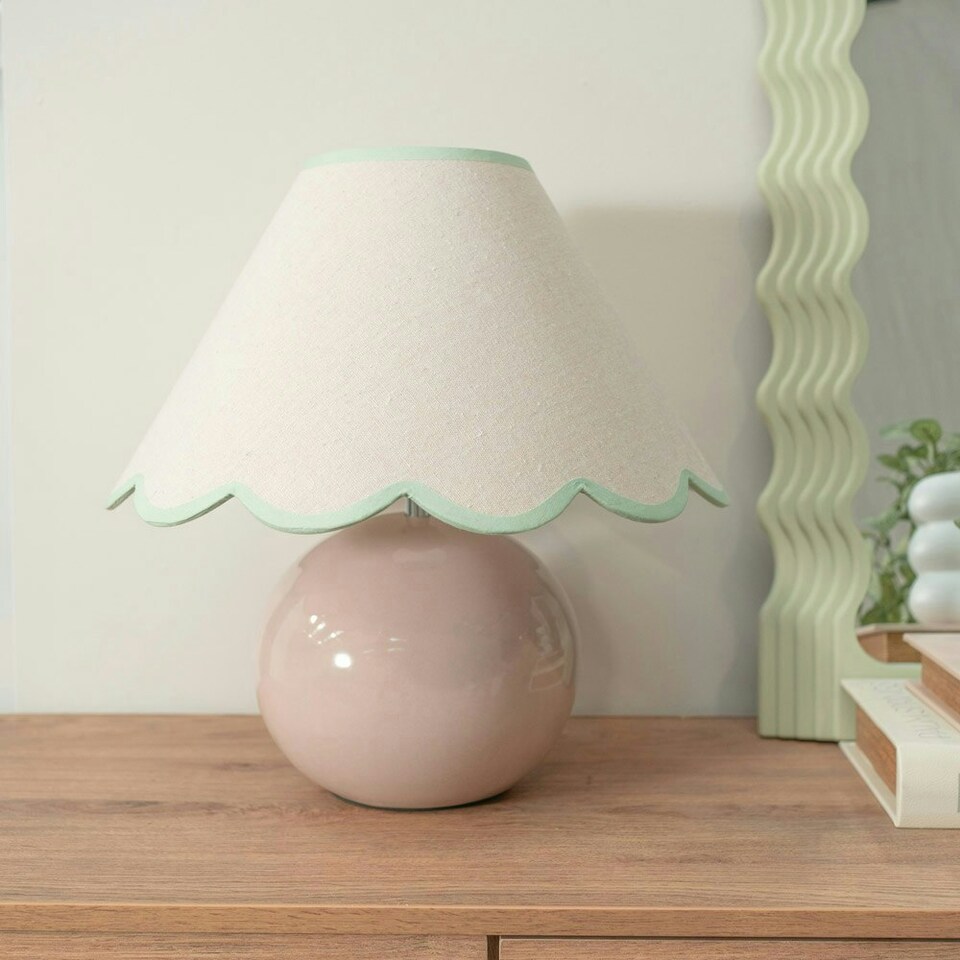 image 1 of ValueLights Bosco Natural Stone Globe Ceramic Table Lamp with Linen Green Trim Scallop Lamp Shade