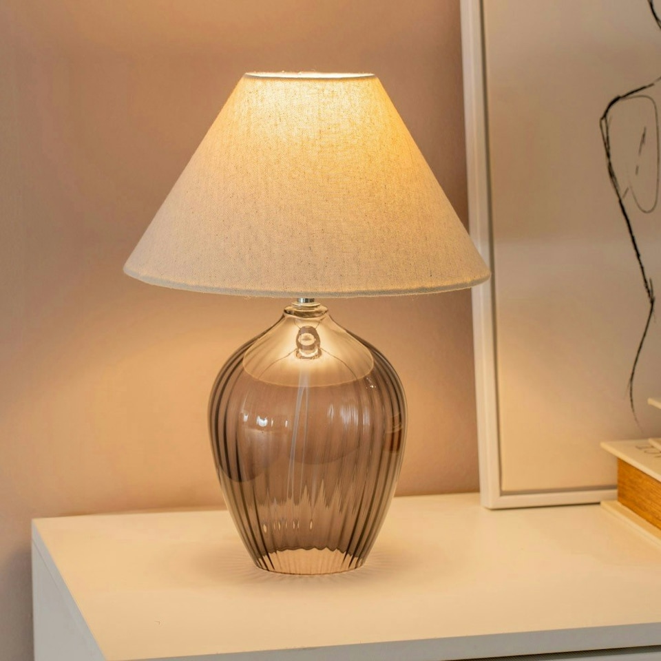 image 1 of ValueLights Olivet Grey Glass Table Lamp with Natural Tapered Shade