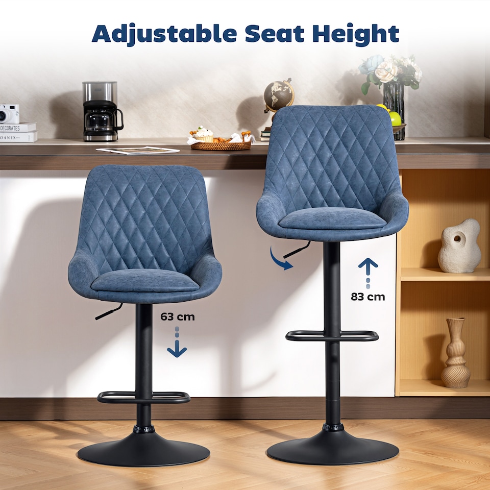 image 1 of HOMCOM Breakfast Bar Stools Set of 2 with 51x40cm Wide Seat, Height Adjustable Kitchen Counter Chairs, Retro Swivel Upholstered Barstools with Back, Footrest and Steel Base, Dark Blue | Blue | Blue