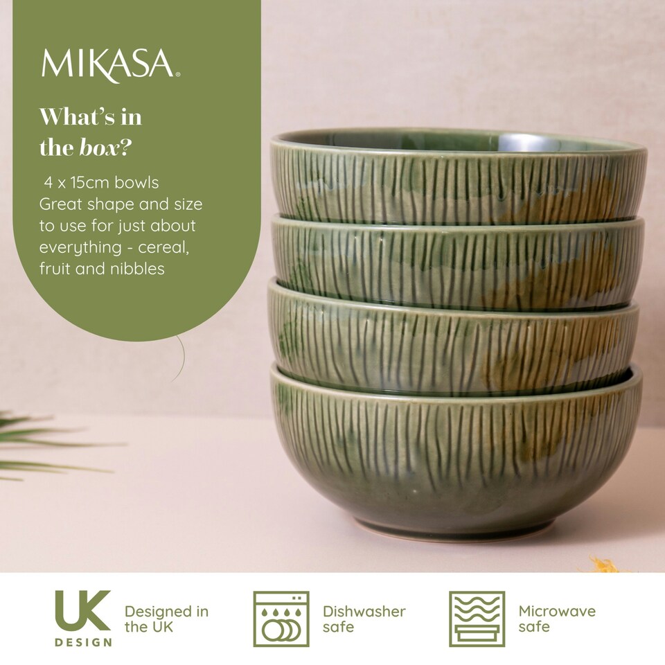 image 1 of Mikasa Cereal Bowl Set Green Ceramic 15cm Set of 4