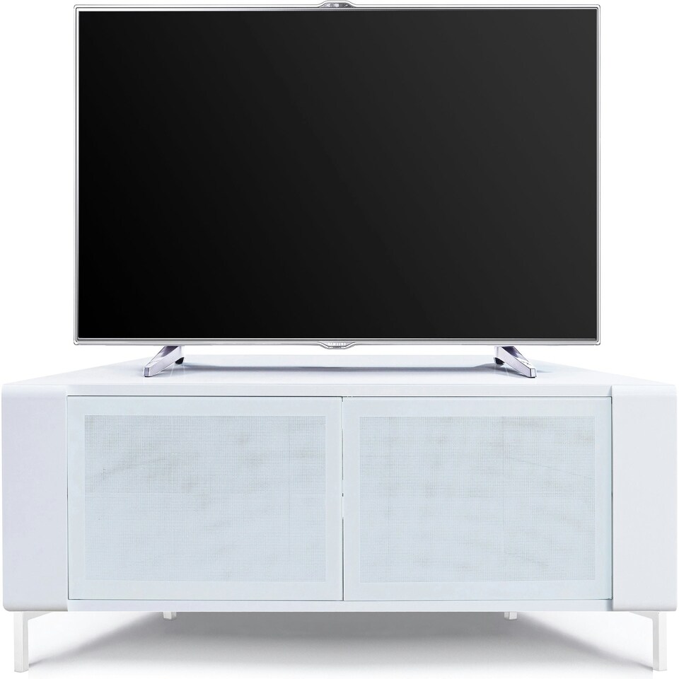 image 1 of MDA Designs CORVUS Corner-Friendly Gloss White Contemporary Cabinet with White Profiles White BeamThru Glass Doors Suitable for Flat Screen TVs up to 50" White