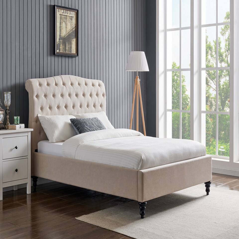 image 1 of 6ft Super King Fabric upholstered, natural beige,buttoned back,curved bed frame,bedstead
