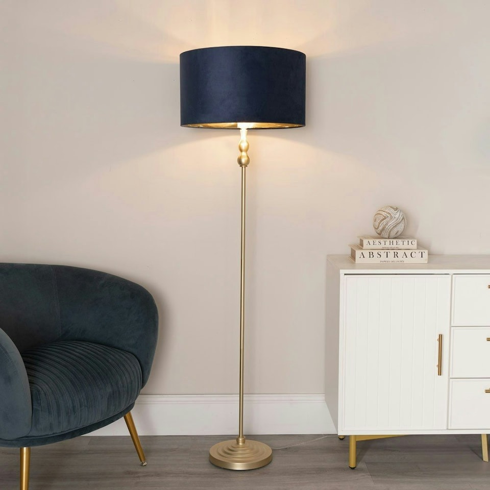 image 1 of ValueLights Maggie Gold Candlestick Floor Lamp with Navy Blue Velvet with Gold Inner Lamp Shade