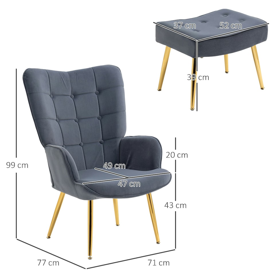 image 1 of HOMCOM Button Tufted Armchair with Footstool and Gold Tone Steel Legs Dark Grey